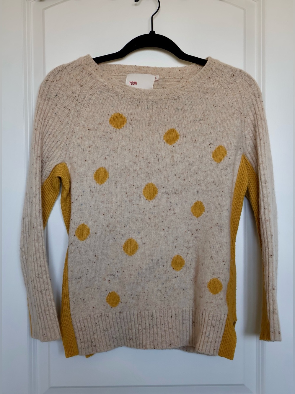 Yoon Anthropologie Cream Sweater with Mustard Polka Dots and Side Panels